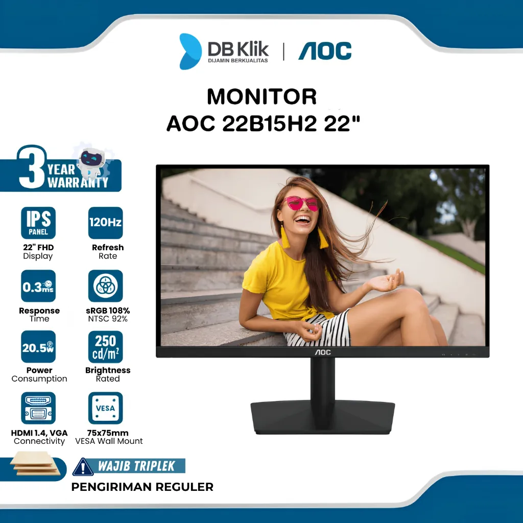 Monitor AOC 22B15H2 22" IPS FHD 120Hz 4ms Adaptive Sync HDMI VGA