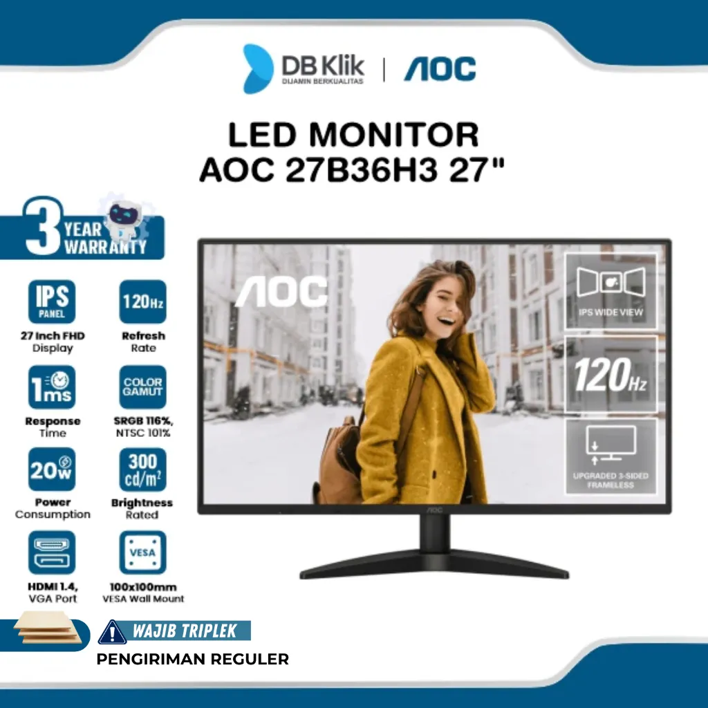 AOC 27B36H3 LED Monitor 27" IPS FHD 120Hz 1ms Adaptive Sync HDMI VGA