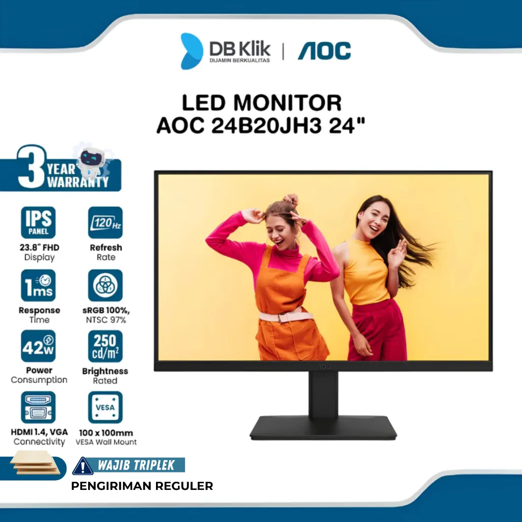 AOC LED Monitor 24B20JH3 24" IPS FHD 120Hz 1ms AdaptiveSync HDMI VGA