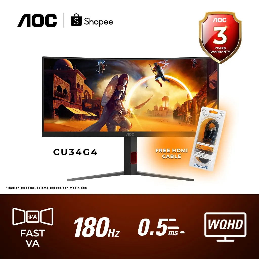 Monitor LED AOC CU34G4 34" Fast-VA 180Hz WQHD 1MS Adaptive Sync HDR10
