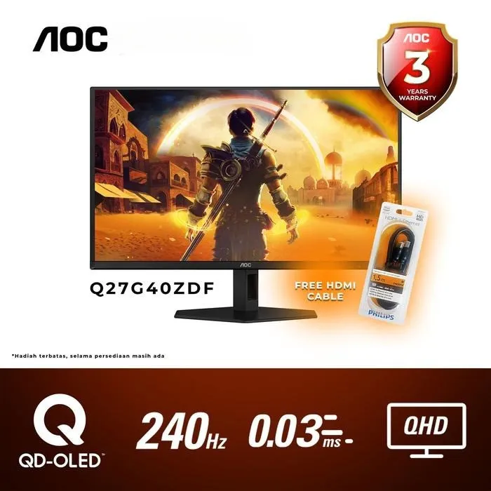 AOC GAMING MONITOR 27 INCH QD-OLED 2K QHD 1440P 0.03MS 240HZ Q27G40ZDF HDR400 HDMI+DP TILT 3Y ON SITE