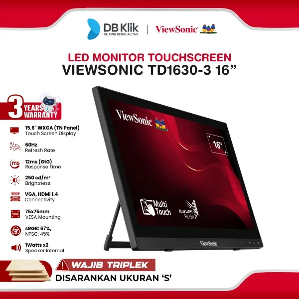 Monitor Portable ViewSonic TD1630-3 16" WXGA IPS 60Hz 12ms Built in Speker Touch Screen HDMI VGA
