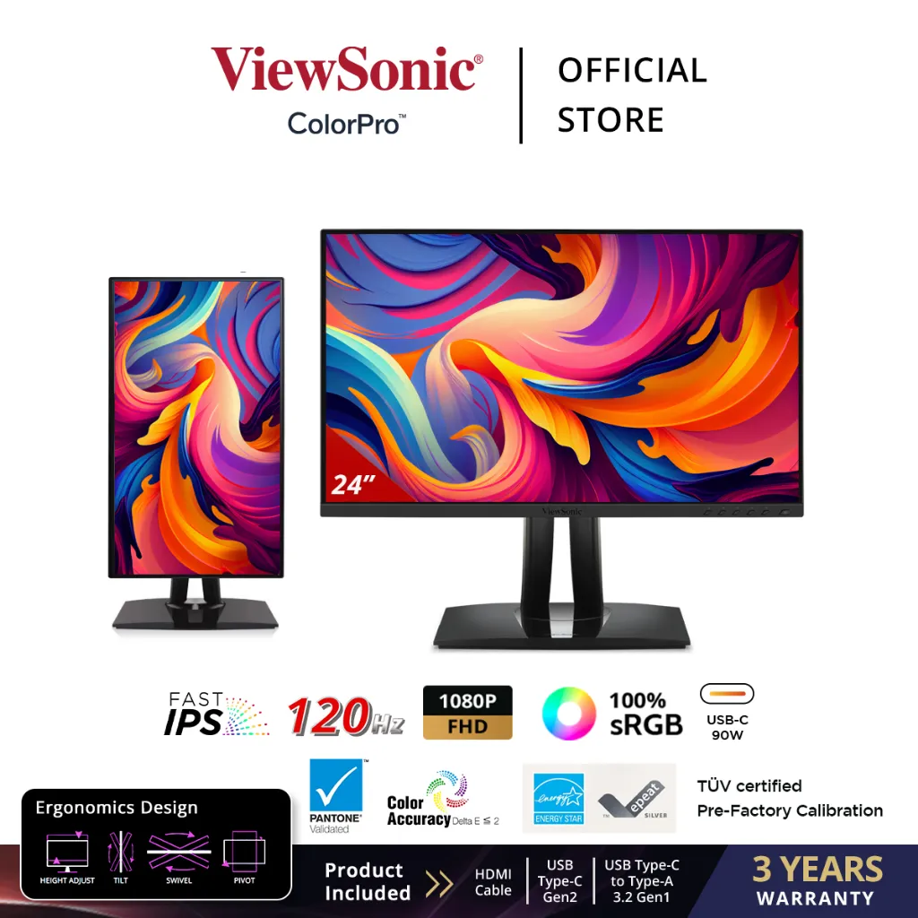 Monitor LED 24" ViewSonic VP2456A 120Hz FHD Pantone Validated 100% sRGB & Factory Pre-Calibrated Monitor with 90W USB-C