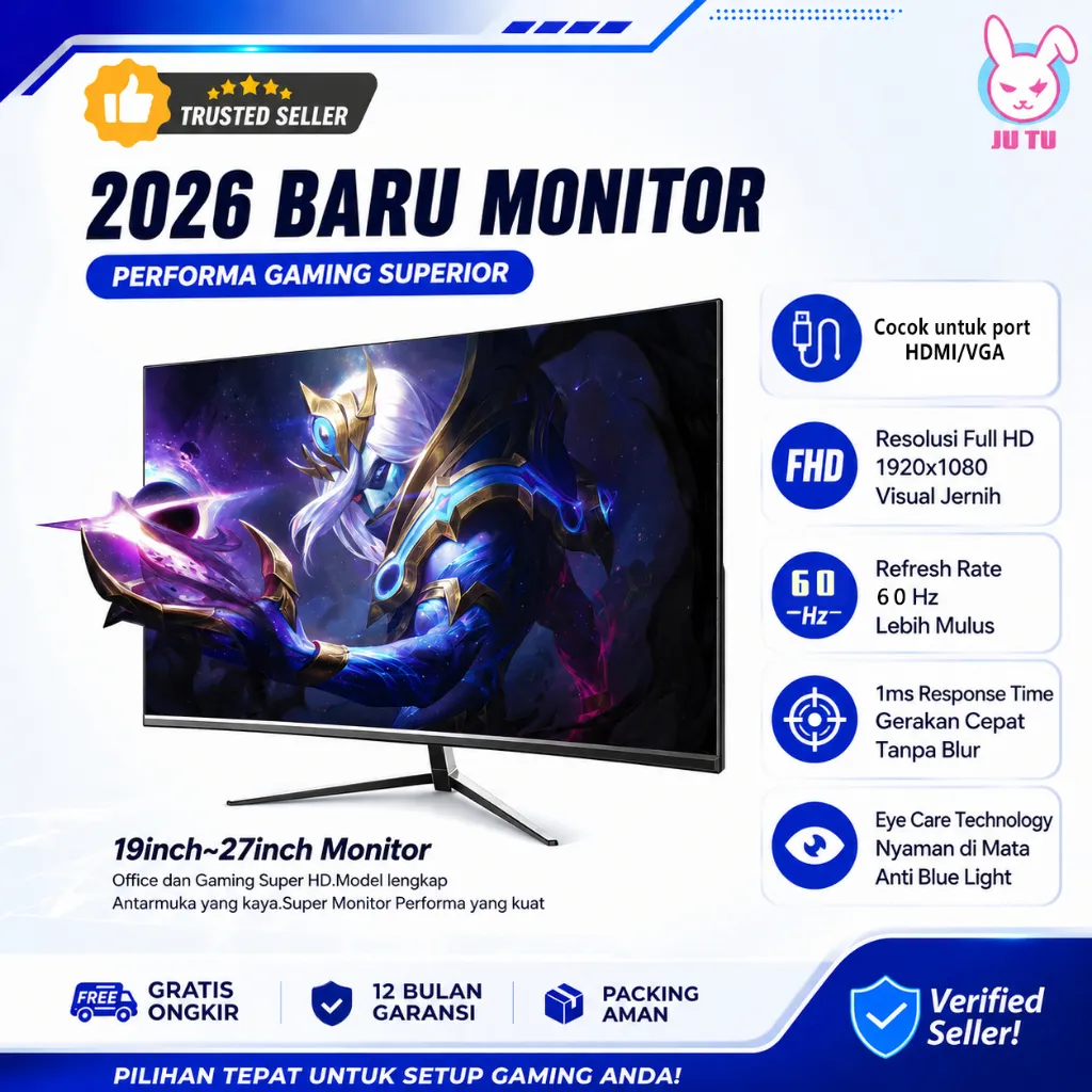 JUTU Monitor 19/22/24/27 Inch FHD 1080P 60Hz  VGA HDMI Panel IPS Garansi Resmi 1Tahun Stock