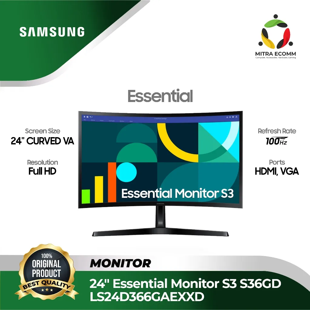 Monitor Samsung 24" S24D366 Curved Essential FHD VA S36C LS24D366GAEXXD Garansi Resmi
