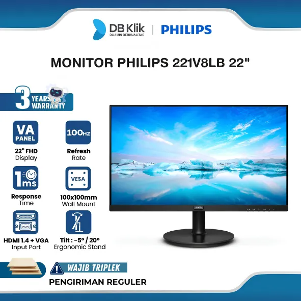 PHILIPS LED Monitor 221V8Lb 22" VA FHD 100Hz 1ms Adaptive Sync HDMI VGA