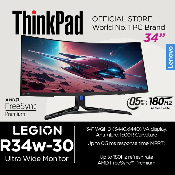 Lenovo Legion R34w-30 Gaming Curved Monitor 34 Inch WQHD 180Hz Speaker 0.5ms 67C7GACBWW