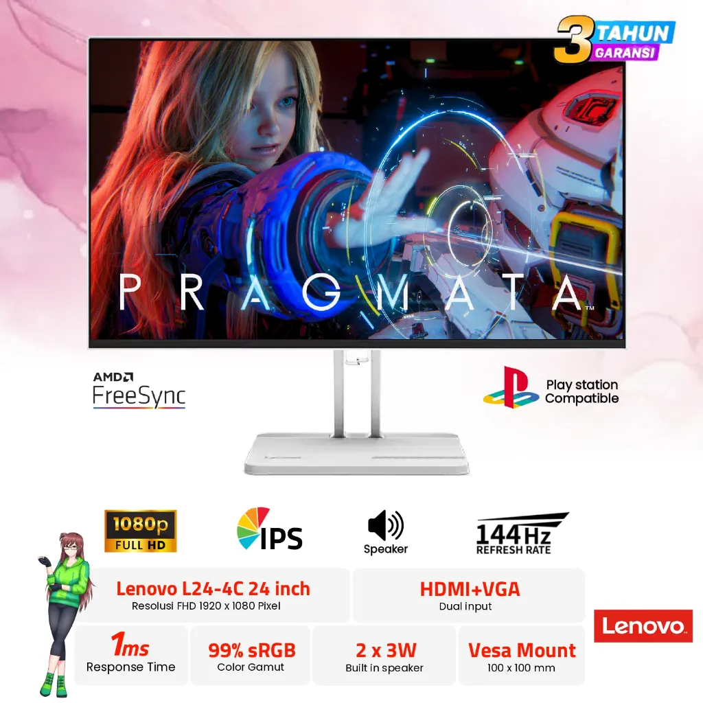 Monitor Lenovo L24-4C White 144Hz 99% sRGB AMD FreeSync Speaker HDMI VGA Borderless