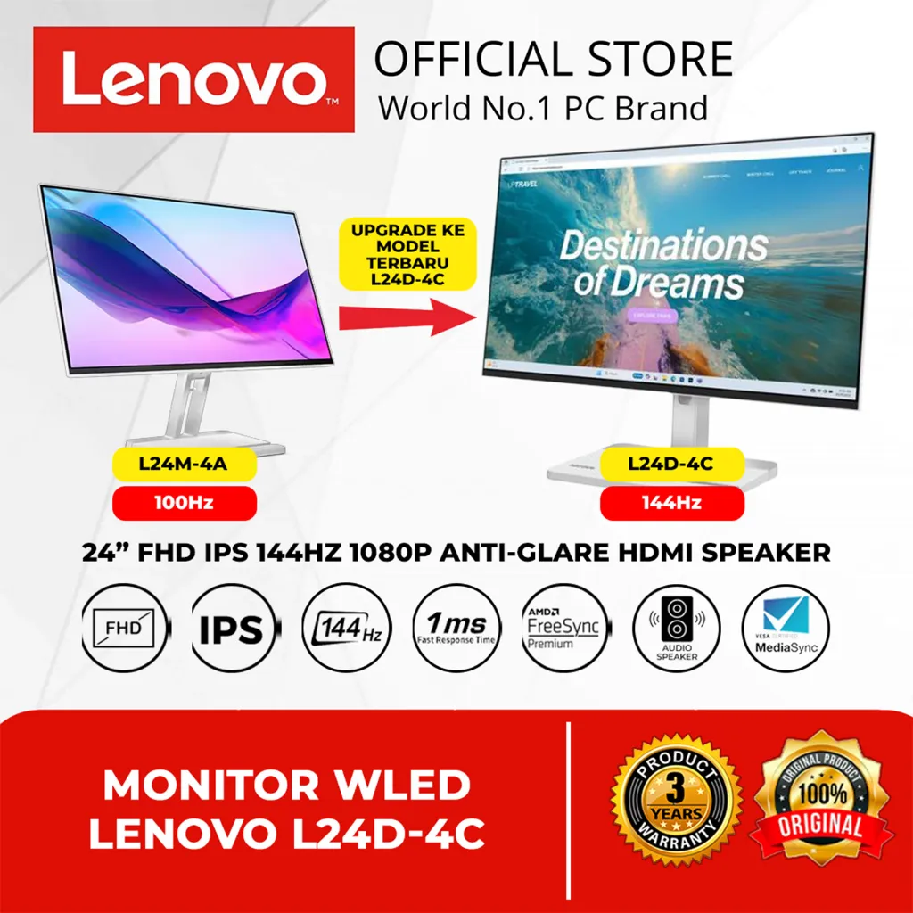 MONITOR WLED LENOVO L24D-4C 24 INCH FHD IPS 144HZ 1080P ANTI-GLARE HDMI SPEAKER, PENGGANTI DARI MONITOR L24M-4A