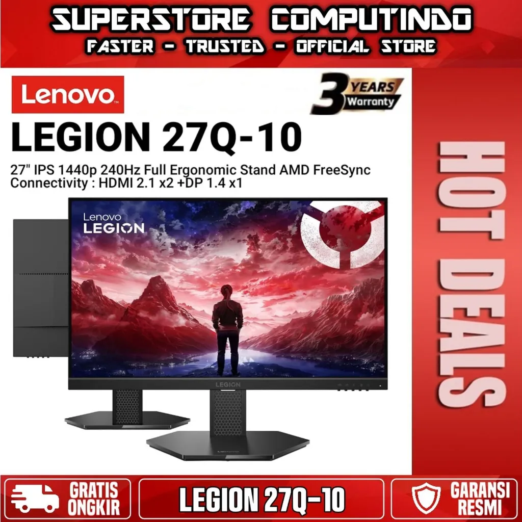 Monitor LED Lenovo Legion 27Q-10 27" IPS 1440p 2K QHD 240Hz HDMI 2.1x2 DP 1.4x1 Full Ergonomic Stand 99% sRGB and 90% DCI-P3 colour gamut and colour accuracy of Delta E<2 AMD FreeSync Premium and VESA Adaptive Sync technology