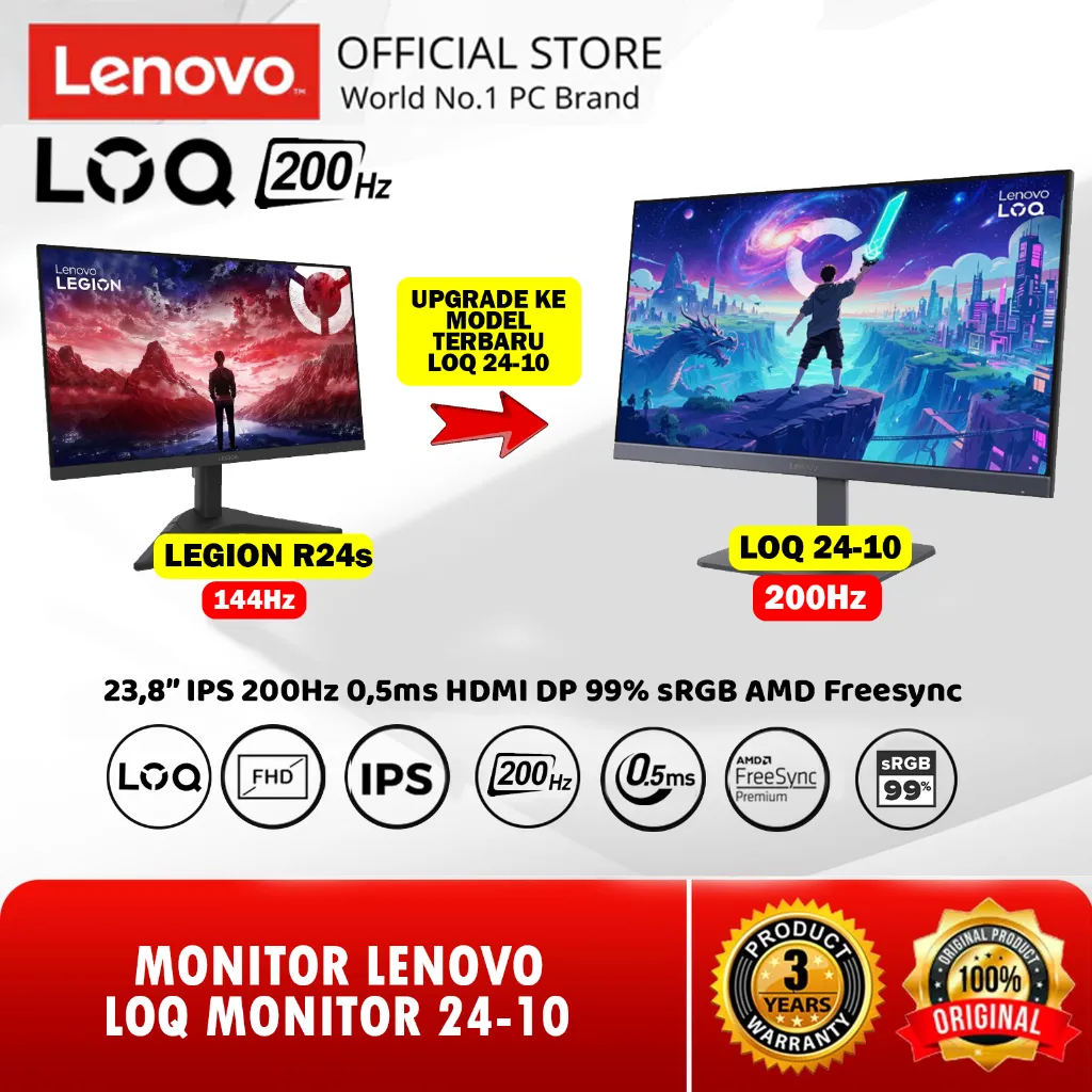 MONITOR LED LENOVO LOQ 24-10 24 INCH IPS FHD 1080P 200HZ 1MS 99% SRGB AMD FREESYNC PREMIUM HDR10 HDMI 2.1X2 DP 1.4X1 VESA 100X100 PENGGANTI LEGION R24s