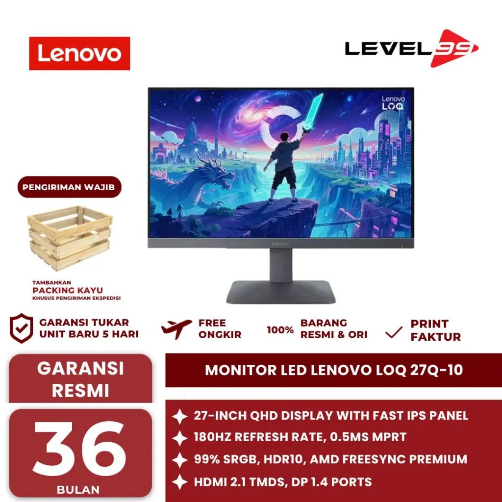 Monitor LED Lenovo LOQ 27Q-10 / LOQ 27Q 10 27" IPS QHD 2K 1440p 180Hz 1ms 99% sRGB AMD FreeSync Adaptive Sync HDR10 HDMI DP Vesa 100x100 Low Blue Light Flicker Free - LED Monitor LENOVO LOQ 27Q-10