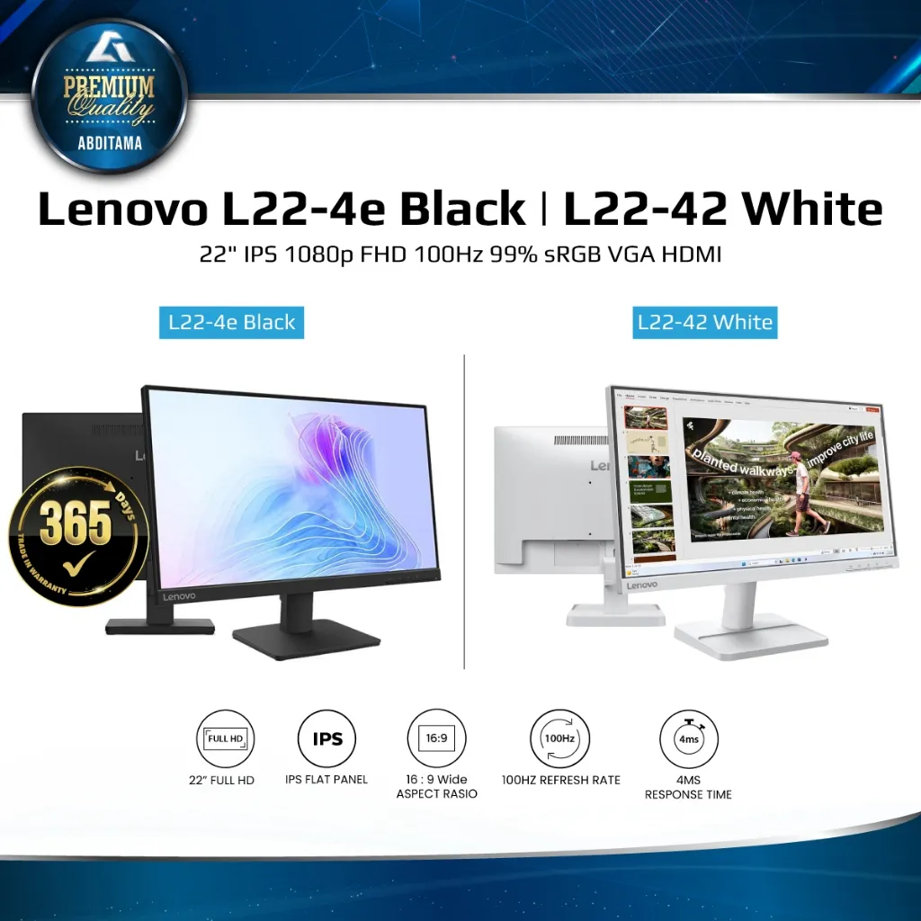 LENOVO L22-4e Black | L22-42 White 22" IPS 1080p FHD 100Hz 99% sRGB VGA x1 HDMI 1.4x1 Vesa 100x100