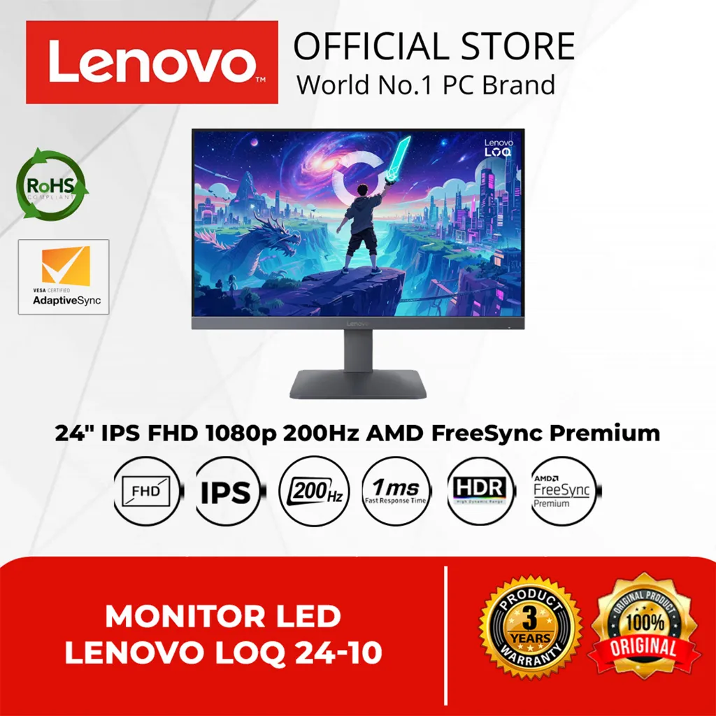 MONITOR LED LENOVO LOQ 24-10 24 INCH IPS FHD 1080P 200HZ 1MS 99% SRGB AMD FREESYNC PREMIUM HDR10 HDMI 2.1X2 DP 1.4X1 VESA 100X100