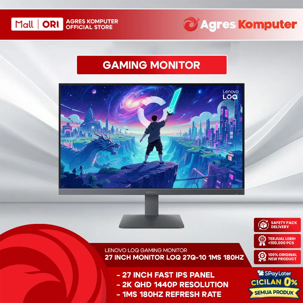 LENOVO GAMING MONITOR 27 INCH LOQ 27Q-10 IPS 2K QHD 1440P 1MS 180HZ HDR10 HDMI+DP ERGONOMICS 3Y
