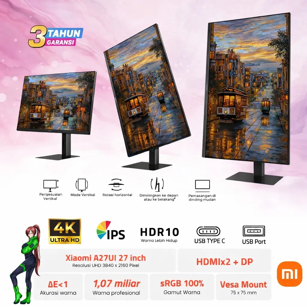 Monitor Xiaomi 27" A27UI UHD / 4K IPS 100% sRGB 95% DCI-P3 HDMI DisplayPort Borderless | Monitor Vertikal