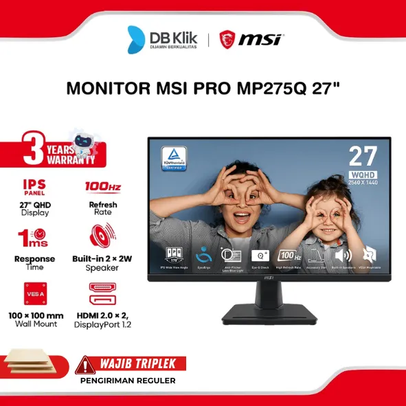 MSI PRO LED Monitor MP275Q 27" IPS WQHD 100Hz 1ms Adaptive Sync Built in Speaker HDMI DP