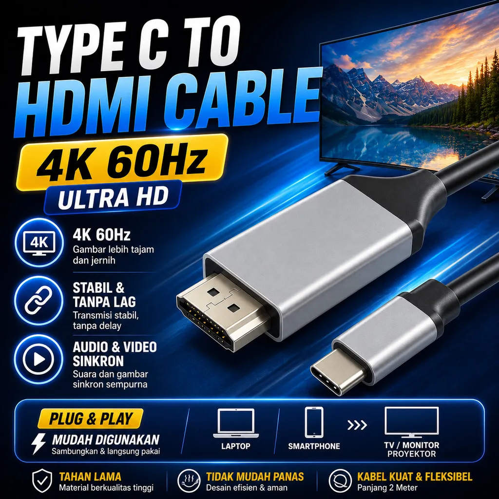 Kabel USB Type C ke HDMI 4K 60Hz 2 Meter Thunderbolt Display Smartphone Laptop Mirror Screen Game Movie Monitor TV Huawei Samsung USB C to HDMI Converter Kabel Panjang High Resolution