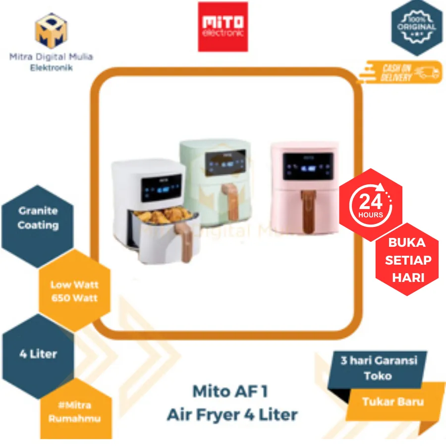Mito AF1 WH Air Fryer Digital 4 Liter Low Watt 650W 4 Layer Granite Coating Wood Series Digital Air Fryer MTO 15 AF 1 WH - Garansi Resmi 1 Tahun
