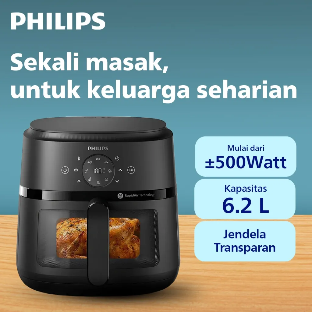 BARU! PHILIPS Airfryer Low Watt mulai dari 500W Transparan KAPASITAS BESAR 6.2 L NA230/00 - Air fryer multifungsi digital layar sentuh, air fryer philips
