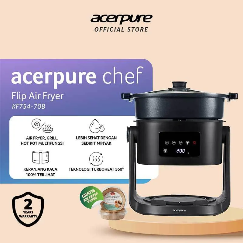 (Free Air Fryer Paper) Acerpure Chef KF1 2 in 1 Flip Air Fryer KF754-70B Matte Black - 1500W