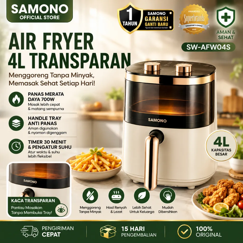 SAMONO Air Fryer 4L Kaca Transparan Menggoreng Tanpa Minyak Low Watt 700W Penggoreng Tanpa Minyak Low Fat Health Fryer Aesthetic Putih Gold Garansi Resmi 1 Tahun Hadiah Pernikahan Wedding Gift Aesthetic Kado Teman Sahabat Elegan AFW04S