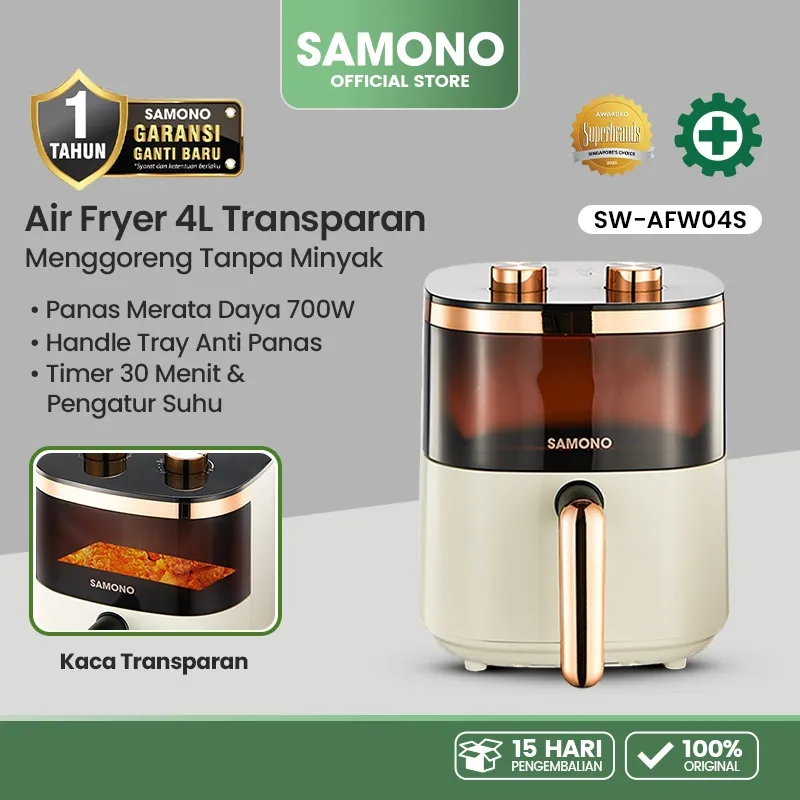 SAMONO Air Fryer 4 Liter Transparan Low Watt Hemat Daya Airfryer Low Calorie Goreng Tanpa Minyak 700W Hemat Listrik Timer 60 Menit Suhu 80 sampai 200 Derajat Cocok untuk Hadiah Pernikahan Sahabat dan Dapur Modern AFW04S