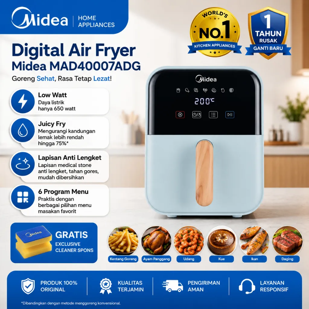 Midea Air Fryer Digital/Kenob Low Watt | MAD4007/MAF400B0 series Kapasitas 4L | Masak Tanpa Minyak