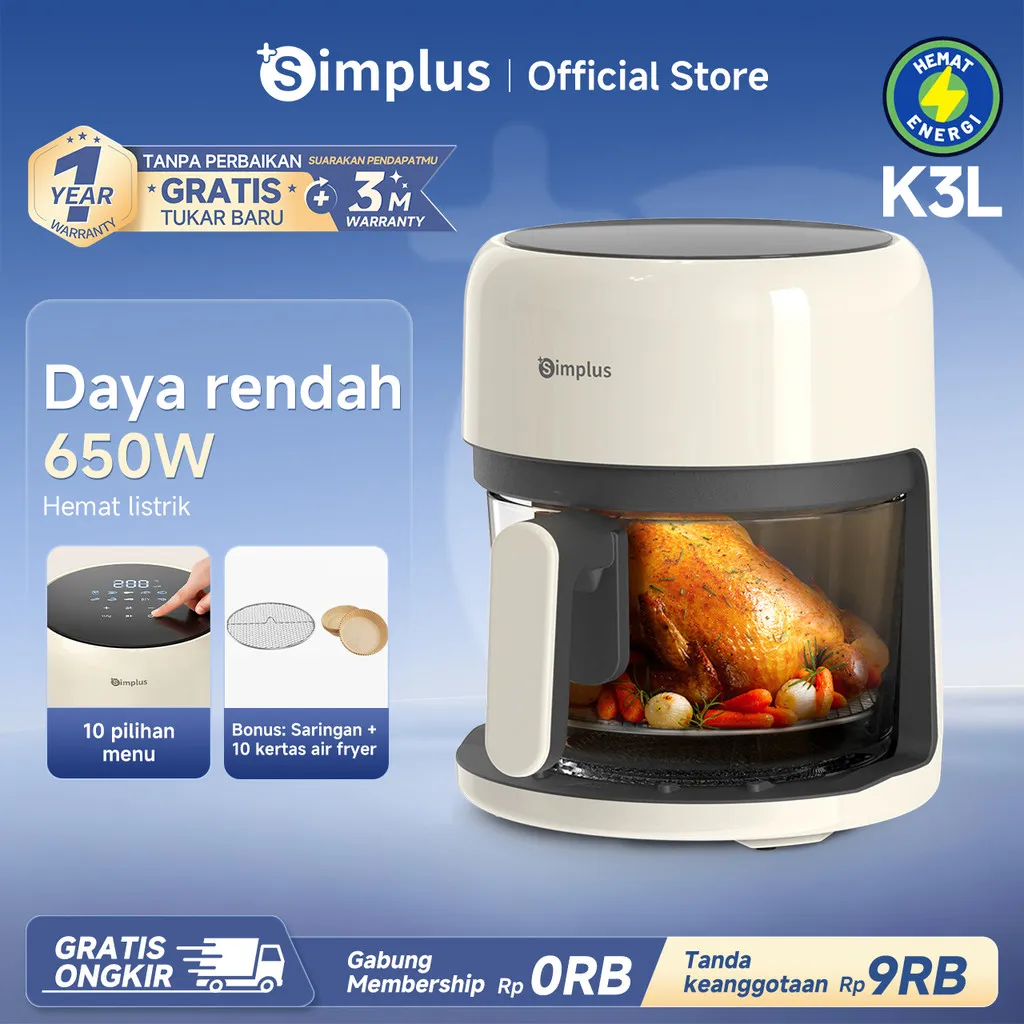 Simplus Air Fryer  Penggorengan Udara Kapasitas 3,5L 360° Panoramic Window Layar Sentuh Multifungsi