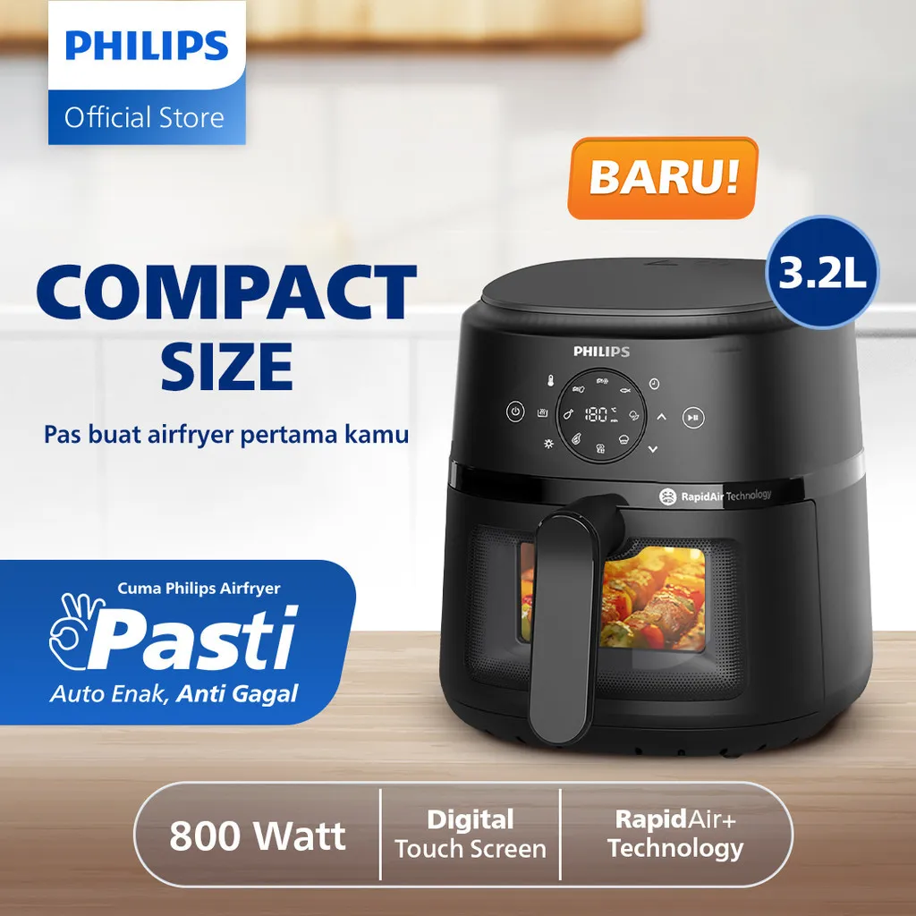 BARU! Philips Airfryer Low Watt 500W Transparan BEST COMPACT SIZE 3.2 L NA210/00. Air fryer multifungsi digital layar sentuh, air fryer philips - Rapid Air Technology - Hitam