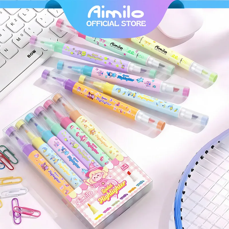 Aimilo Highlighter Pen Pastel 1 Set 12 Warna Menumpuk Highlighter 2 Sisi 6 PCS