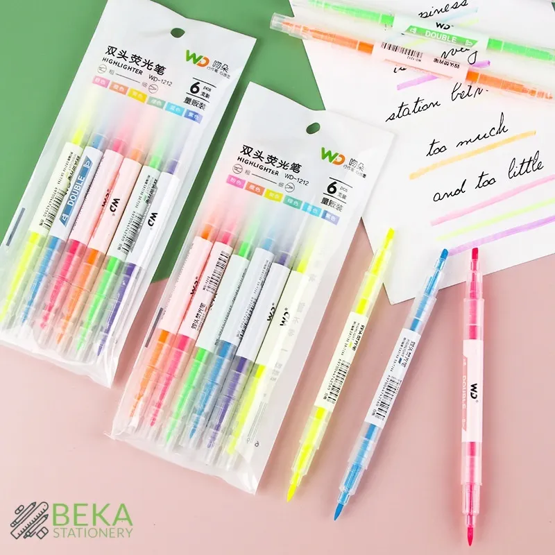 Set Highlighter Dua Sisi Warna isi 6Pcs Pen 2 sisi Diary Marker Stationery Lucu Unik Penanda Buku Warna Warni Pena Penanda Kepala Ganda 2 Arah