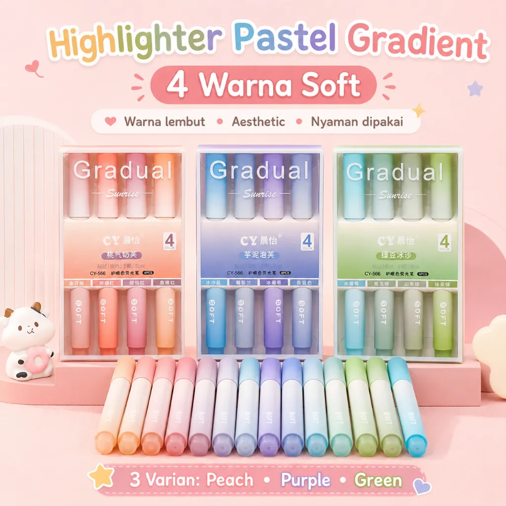Highlighter Pastel 4 Warna Gradient | Spidol Penanda Warna Soft untuk Catatan Sekolah Kantor