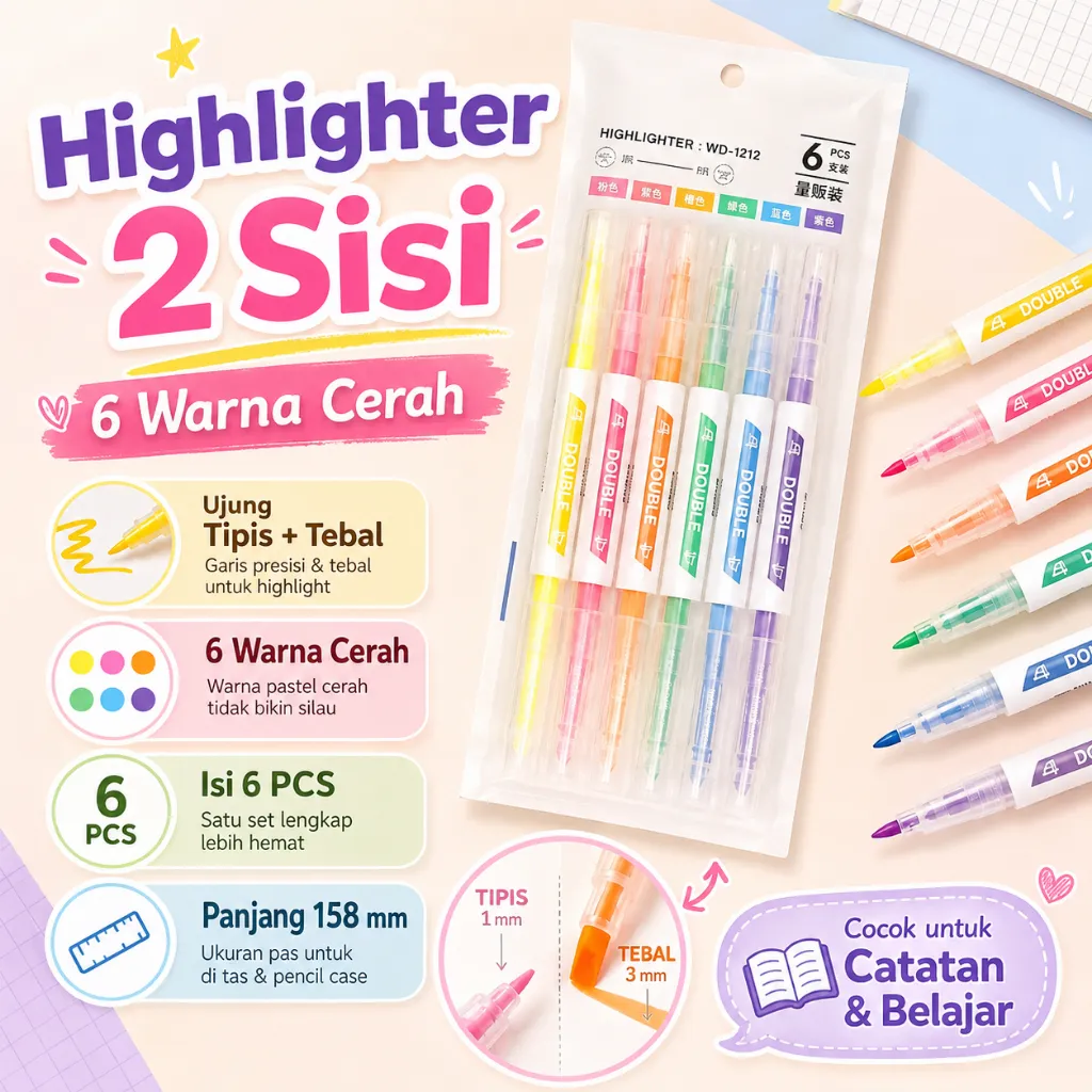 Highlighter 2 Sisi Isi 6 Warna Spidol Penanda Teks Tipis Tebal untuk Catatan Belajar