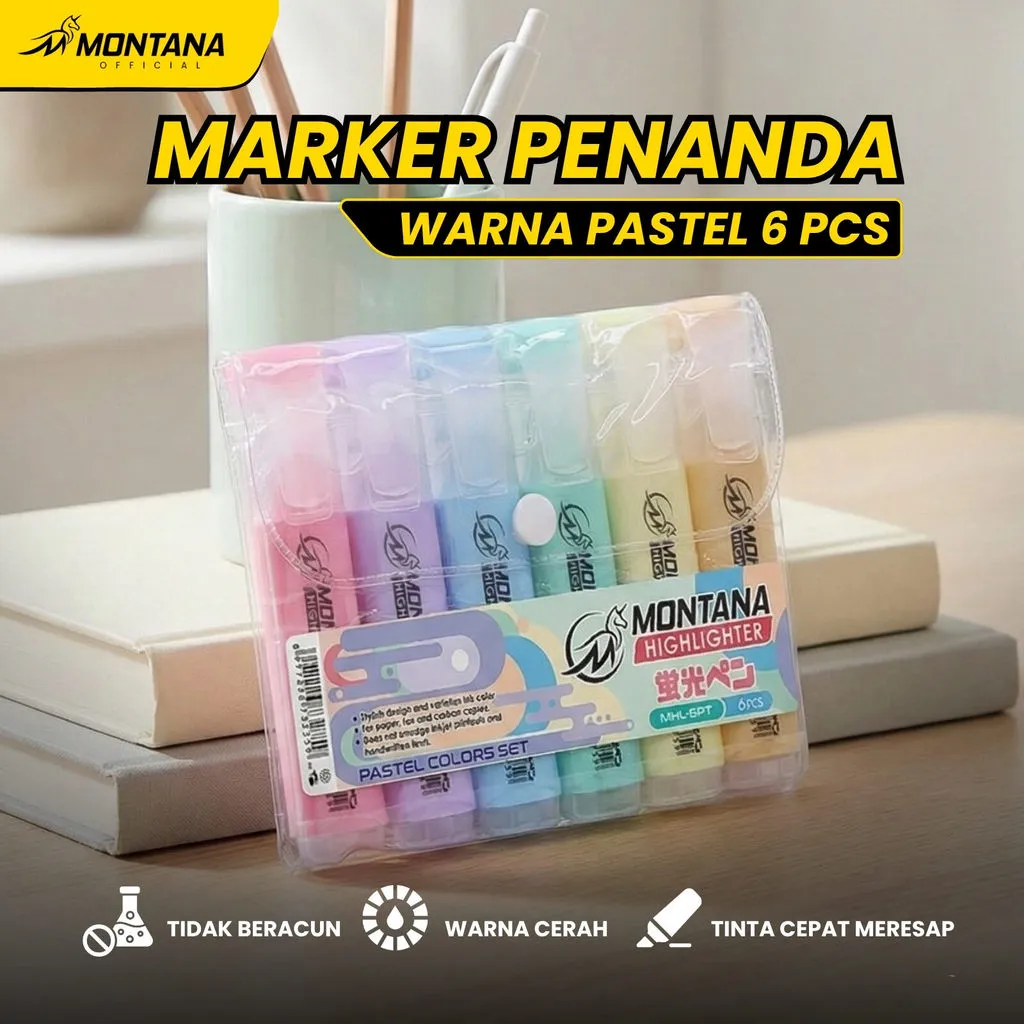 MONTANA Highlighter Pastel Set 6 Warna Colors MHL-6FL Penanda Berwarna Textliner Pastel