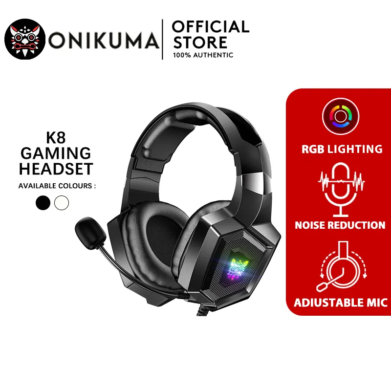 Onikuma K8 Noise Cancelling Headphone Gaming Super Bass Headset Gamedengan Mikrofon earphone RGB LED Cocok Untuk Ponsel dan Komputer