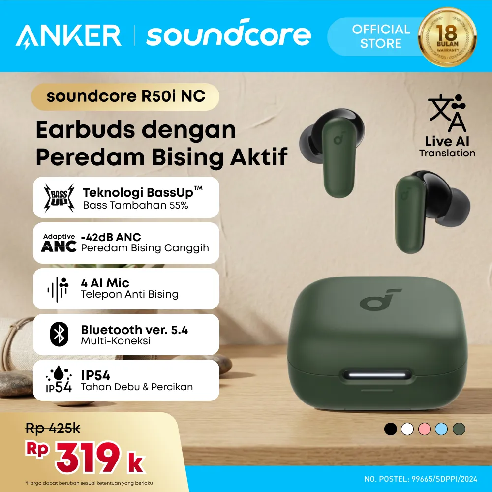 (NEW LAUNCH) Soundcore Anker R50i NC Earbuds Adaptive Noise Canceling Headset Earphone Bluetooth 5.4 TWS Low Latency for Game Long Battery 4 Mics IP54 - A3959