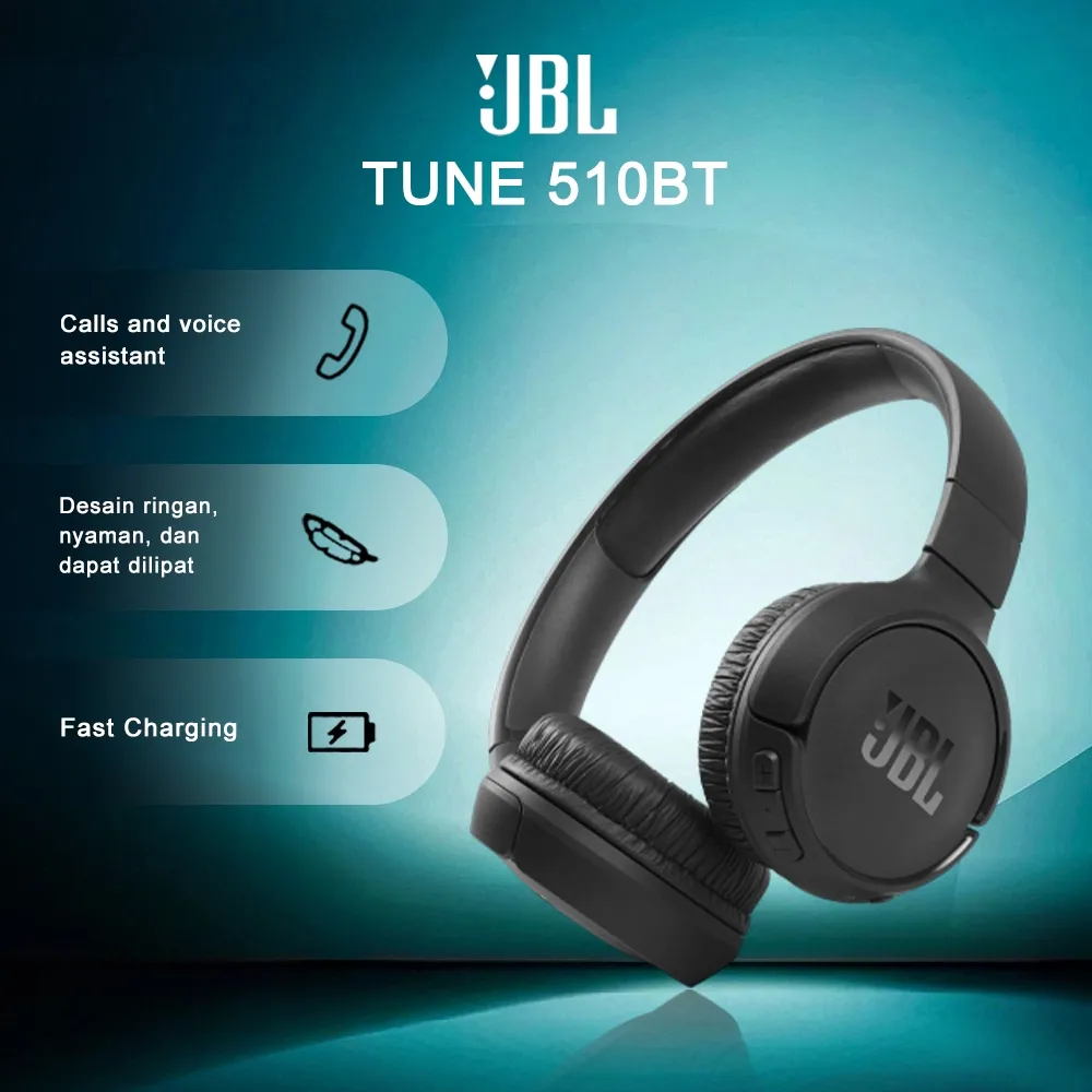 100% Original JBL Tune 510BT Wireless On-Ear Headphones Wireless On-Ear Headphones with Purebass Sound Extra Bass Headset Bluetooth Pernah Dipakai Music Games Sports Headset T510BT Bluetooth Portable For Android&iOS / JBL Headphone Bluetooth