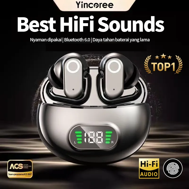 NEW LAUNCHING Yincoree J16B TWS Wireless Eaphone Bluetooth 6.0 Long Playing Time IPX6 Low Latency Gaming Mode Earphone Bluetooth Handsfree wireless