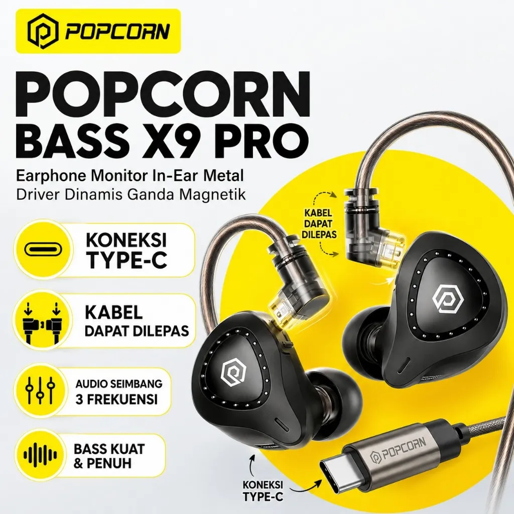Popcorn Bass X9 Pro/X8 Pro Metal Dynamic In Ear Earphone HIFI DJ with Mic Gaming Type-c Earphone