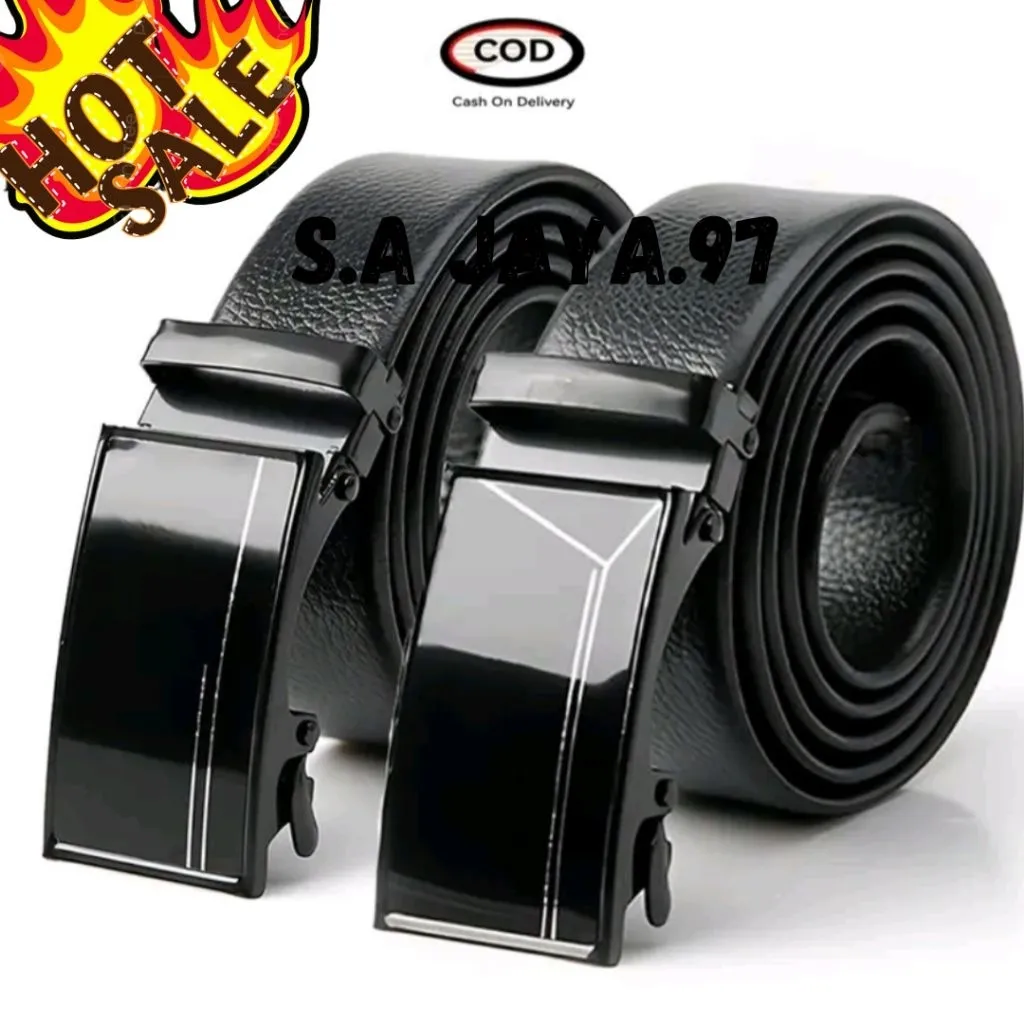 125cm Kasual Sabuk kulit otomatis fashion pria gesper model rel stainless anti karat ikat pinggang hitam kantoran lelaki