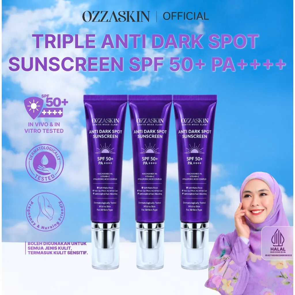 New Formula Ozzaskin Anti Dark Spot Sunscreen SPF50+ PA++++ By Oki Setiana Dewi 50gr Halal BPOM Mengandung Niacinamide, Vit C & Hyaluronic Acid Melindungi dari Sinar UVA UVB, Membantu Menyamarkan Flek Hitam, Mencerahkan, Melembapkan & Menjaga Skin Barrier