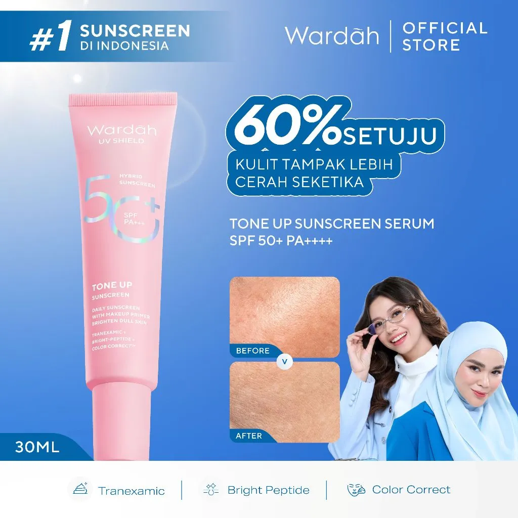 Wardah Sunscreen UV Shield Tinted Tone Up SPF 50 PA 30 ml - Makeup Primer, Base Make Up, Mencerahkan Wajah, Samarkan Noda Hitam, Tidak Lengket, Cepat Meresap - Sunscreen No. 1 Sunscreen of the Year - Skincare