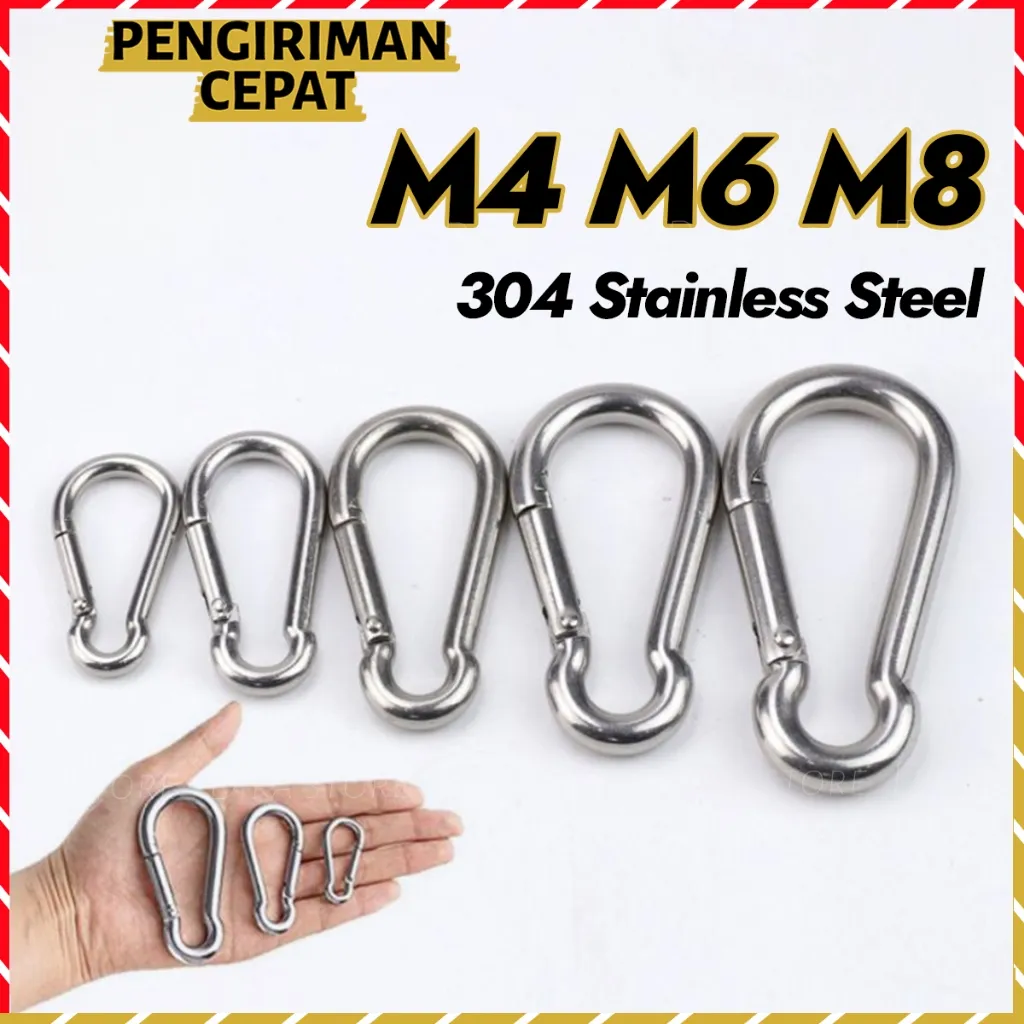 Karabiner Stainless Steel 304 M4 M6 M8 Carabiner Gantungan Kunci Barang Baja Besi Snap Hook 4 6 8 cm Hook Carabiner Keychain