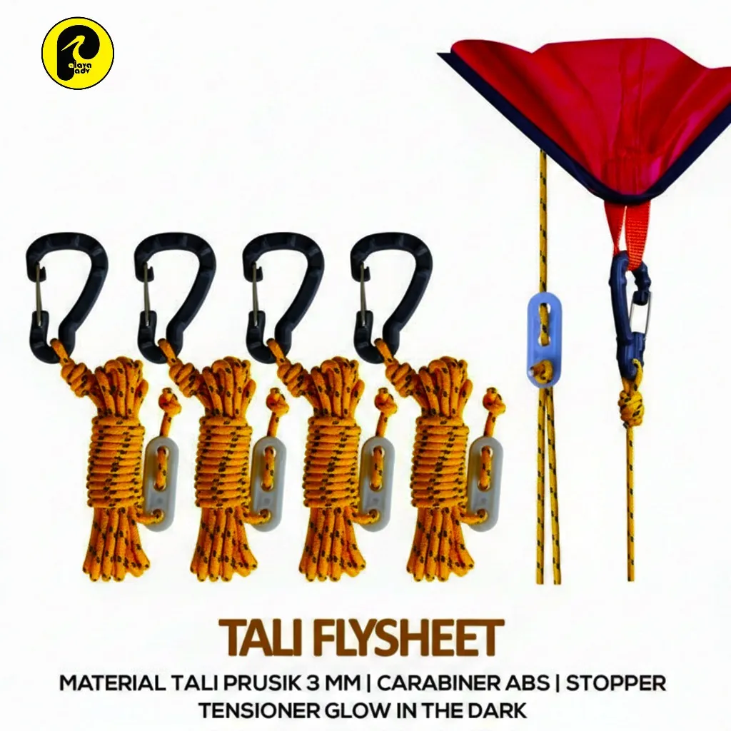 FUNIS carabiner Tali flysheet tenda guyline tensioner glow in the dark 2.5 meter 4 pcs