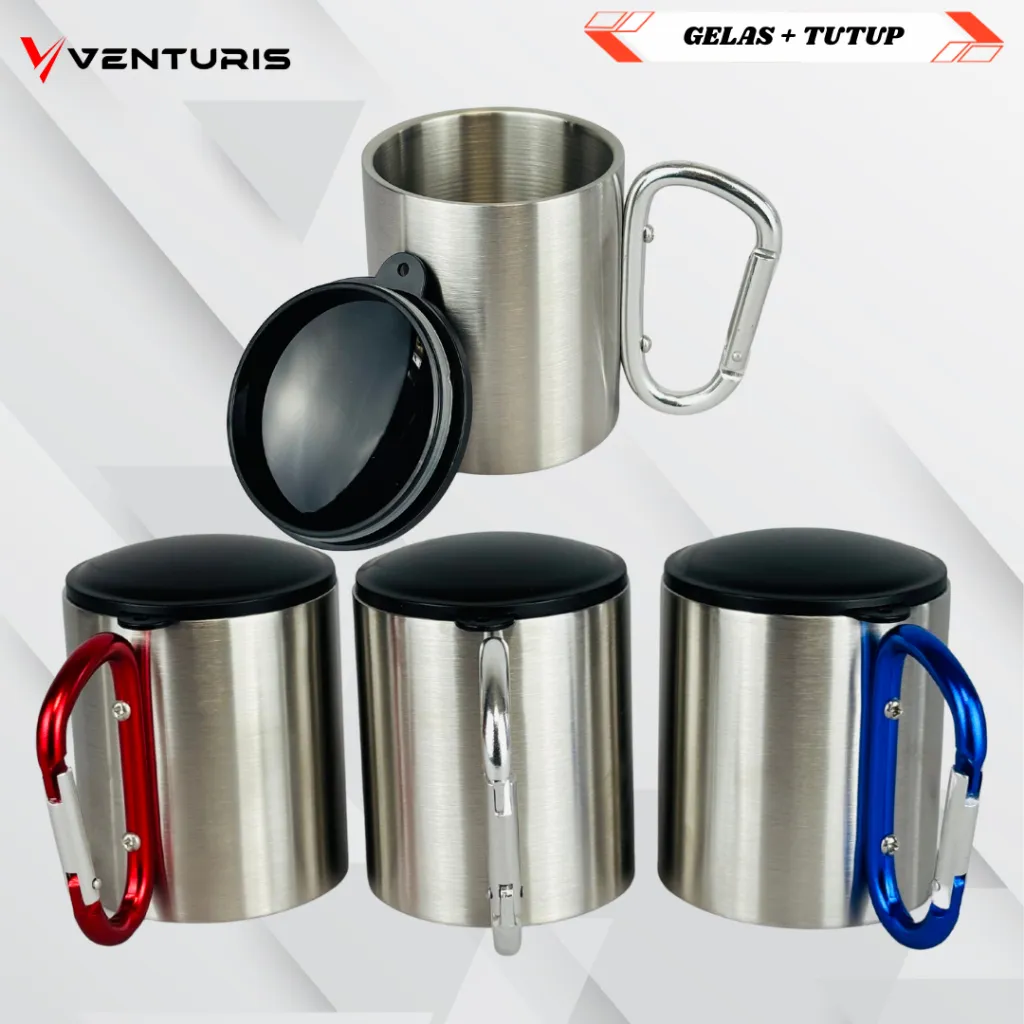 Gelas Cangkir Mug Carabiner anti tumpah Karabiner Stainless Steel Outdoor plus Tutup