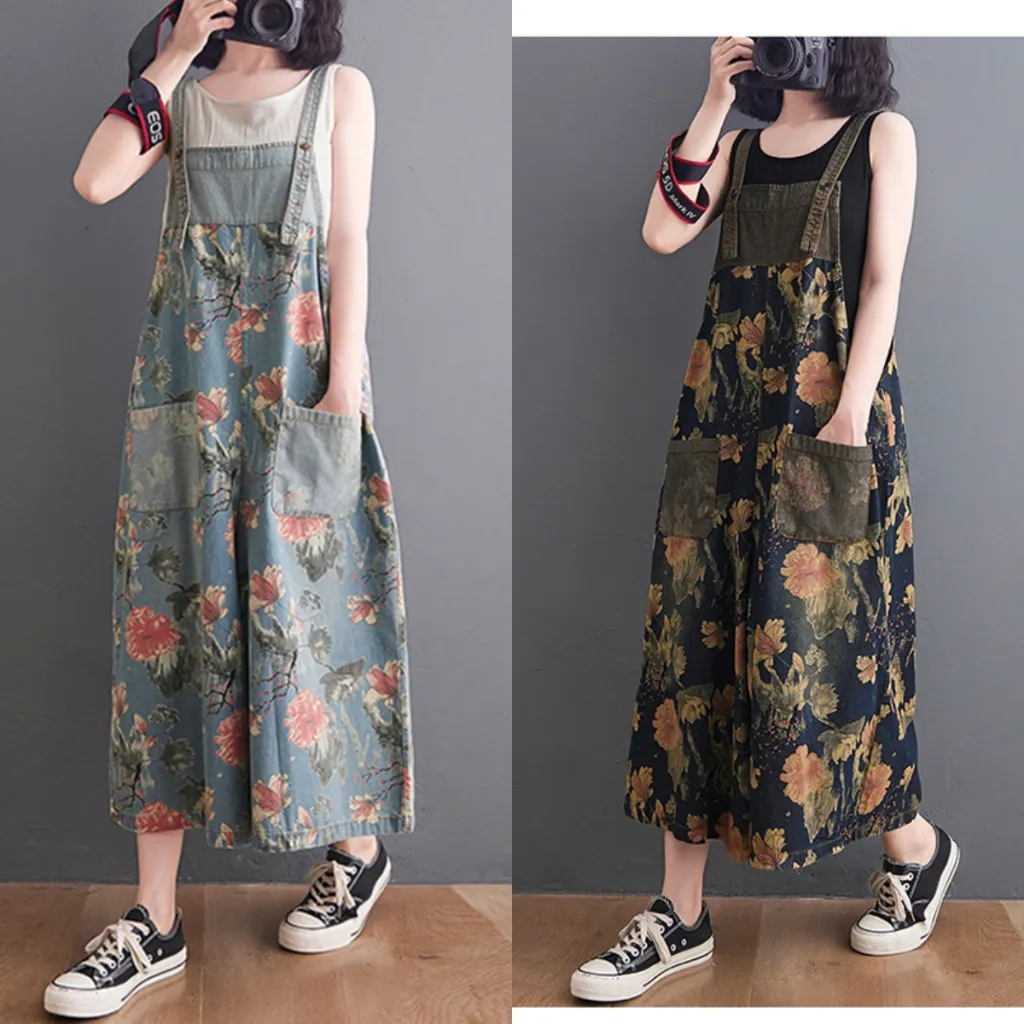 LC253 Premium Oversized Jeans Jumpsuit Floral Fashion Retro Terbaru