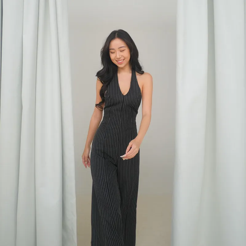 Elodie - Gail Stripe Backless Wide Leg Jumpsuit / Jumpsuit Panjang Pesta Elegan Wanita