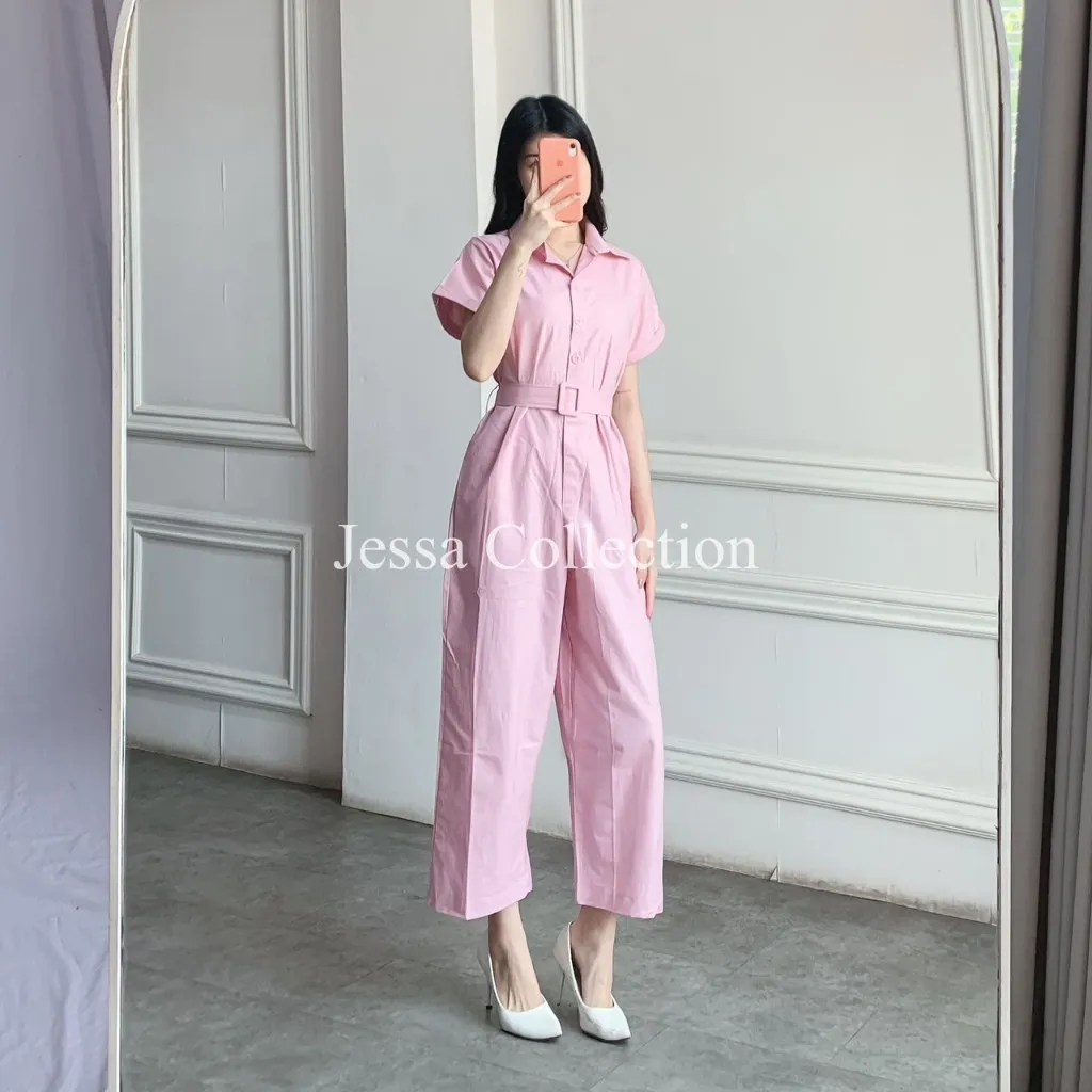 JESSA Pieters Long Jumpsuit TH 1102 / 1113 KATUN OXFORD Overall Wanita Celana Panjang Lengan Pendek Motif Polos Casual Simple Belt Pinggang