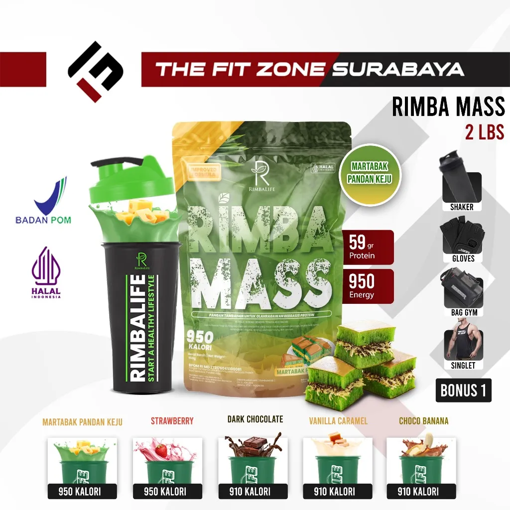 Rimbalife Rimba Mass 2 Lbs - Susu Penambah Berat Badan Kalori Tinggi Protein Whey | Suplemen Bulking Terbaik untuk Pria Kurus Hardgainer Penggemuk Badan Cepat Padat Berotot Halal BPOM Original